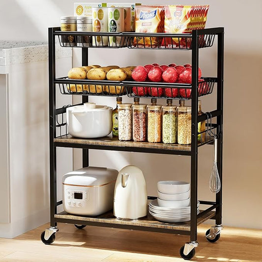 Fruit Vegetable Storage Cart, 4-Tier Rolling Kitchen Storage Cart, Fruit & Vegetables Basket Stand, Snack Organizer Shelf Unit for Kitchen, Bathroom, Living Room, Office, Balcony, Black
