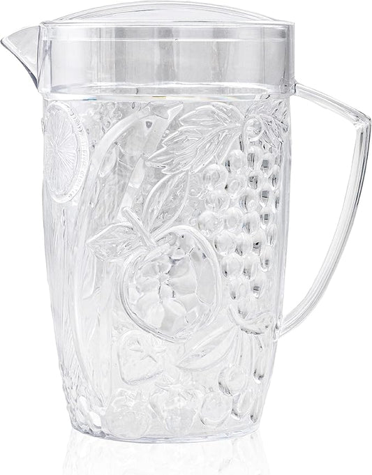 Arrow Home Products Clear Plastic Beverage Pitcher with Lid, 76 Ounce - Thick-Walled Fruit Design, Made in The USA - Fill with Ice Water, Iced Tea or Juice - BPA Free, Dishwasher Safe