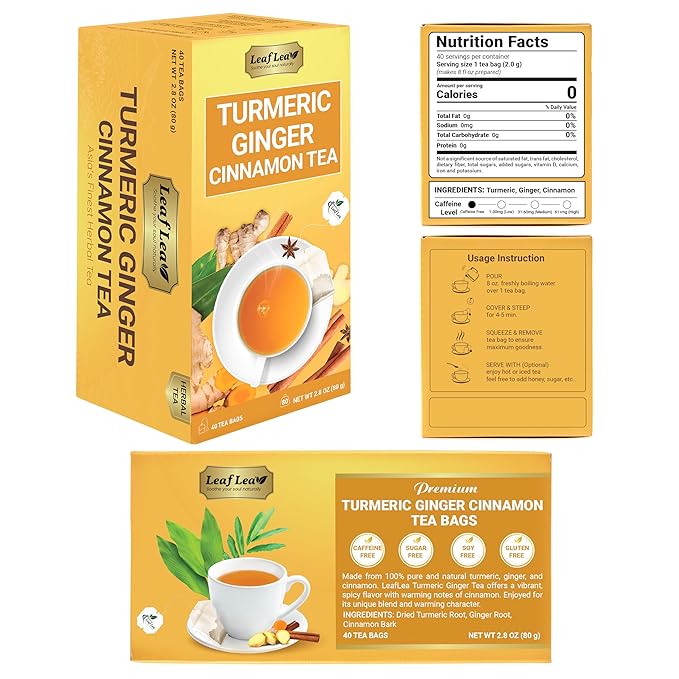 LeafLea Turmeric Tea with Ginger and Cinnamon, 80 Premium Turmeric Ginger Tea Bags, 100% Natural Ingredients Herbal Tea, Vegan, No Sugar, Caffeine-Free, Each Tea Bag Sealed for Fresh Flavor