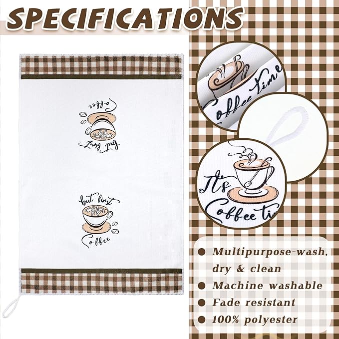 Ferraycle 4 Pieces Kitchen Dish Cloths Coffee Kitchen Hand Towels Absorbent Tea Towels 24 x 16 Inches, Cafe Lover Gift Bar Decorative Dish Cloths Rags, for Farmhouse(Mainly White,Cup Pattern)