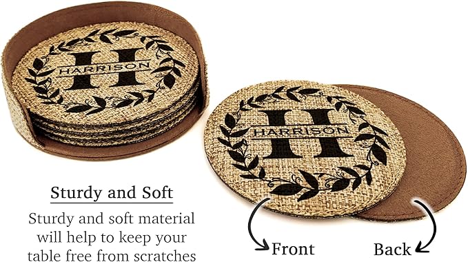 Smile Art Design Family Monogram Personalized Coaster Set of 6 with Base Round Burlap Material Family Name Personalized Print Personalized Gifts House Warming Wedding Gift Rustic Kitchen Decor Style3