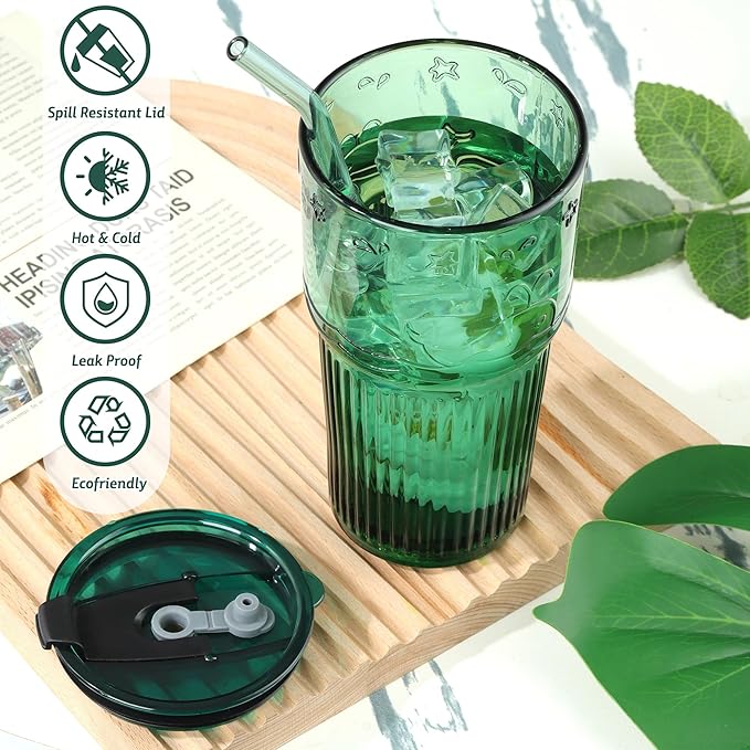 Joeyan Green Glass Tumbler with Lid and Straw,Embossed Iced Coffee Cups with Whale Pattern,Colored Striped Drinking Jars,Water Juice Beverages Soda Glasses,18.5 oz,Set of 2,Dishwasher Safe