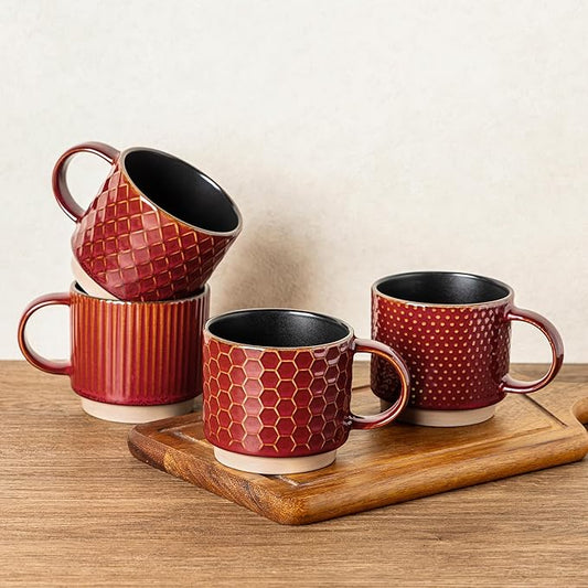 GBhome 15OZ Stackable Coffee Mugs Set of 4, Ceramic Coffee Cups with Texture Patterns for Man,Woman. Elegant Mugs Set for Latte/Cappuccino/Cocoa. Dishwasher&Microwave Safe, Red