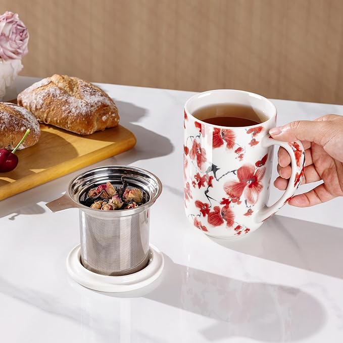 AmorArc Porcelain Tea Mug with Infuser and Lids, 18 Oz Coffee Cup Strainer with Bag Holder for Loose Leaf Tea, Steeping Coffee Mug for House-warming Wedding Birthday Gift