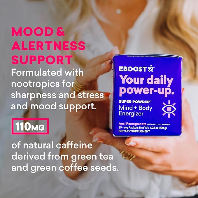EBOOST Energy Drink & Electrolyte Powder, 20 Packets - Super Powder Pink Lemonade with No Added Sugar - Essential Blend of Vitamins, Nootropics & Natural Caffeine and Hydration - Pre & Post Workout