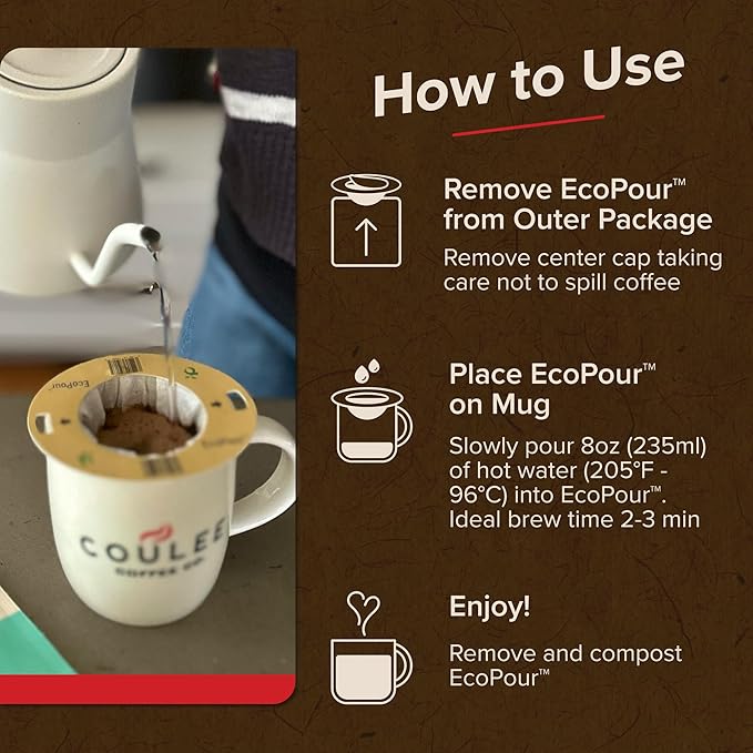 Coulée EcoPour Doc's Blend Coffee, All Paper Single Serve Pour Over Arabic Coffee, Dark Roast, Use for Camping or Traveling, Pre Filled Compostable Filters, Ready to Brew with Hot Water, Plastic Free, 10 Pack