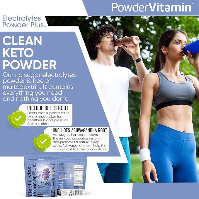 Electrolytes Powder Plus (100 Servings) Blueberry Grape Electrolyte Powder Sugar Free, Keto, 0 Sugar, No Maltodextrin, 1000mg Potassium,120mg Calcium,120mg Magnesium, Hydration