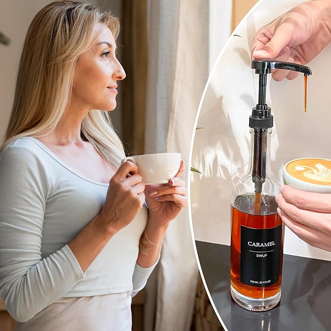 HCYWOC Coffee Syrup Dispenser, 25.4oz 750ml Glass Syrup Bottles, 4 Pack Syrup Dispenser for Coffee Bar With Large Leakproof Syrup Pump, 38 Labels, 120ml Espresso Cups