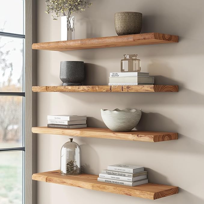 Reclaimed Elm Wood Floating Shelves for Wall, Live Edge 24"W x 9.2"D x 1.4"H, Set of 2 with Invisible Bracket, Wall Mounted Shelves for Living Room Bedroom Kitchen Bathroom Decor, Natural Finish