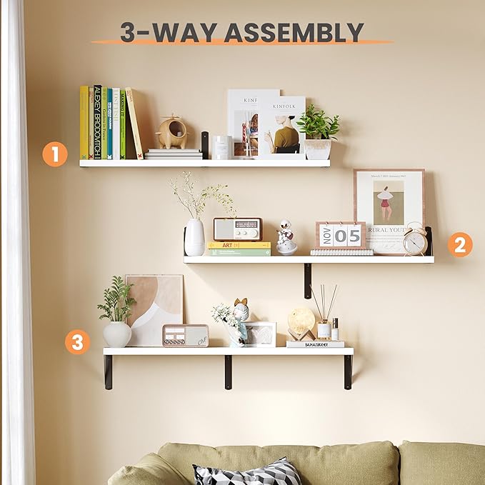 upsimples Floating Book Shelves for Wall, 35.4 Inches Long Floating Wood Shelves for Living Room, Library, Bedroom, Office Organizer and Storage, White