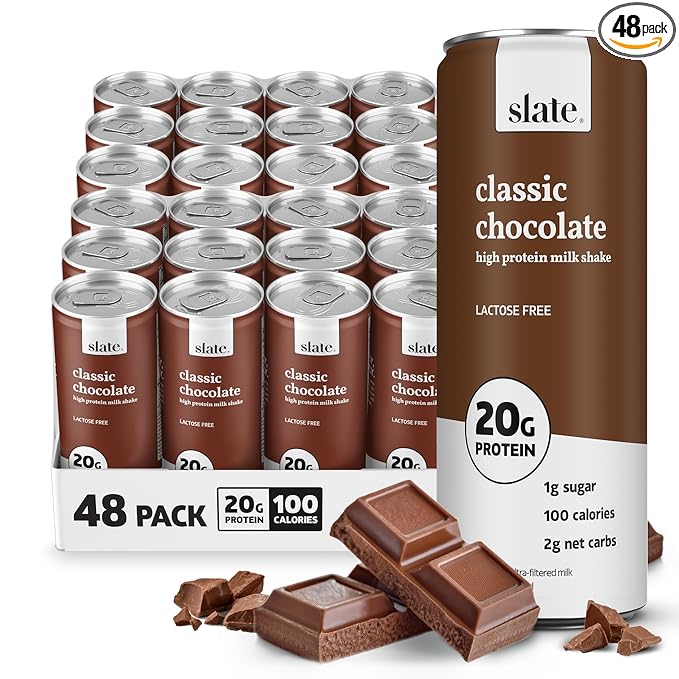 Slate Milk - High Protein Milk Shake - Classic Chocolate - Lactose Free, 20g Protein, 1g Sugar, 100 Calories, 2g Net Carbs, No Added Sugar - Natural, Breakfast Boost, Post Workout - 11 fl oz, 48 Cans