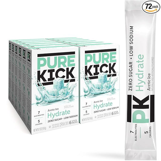 PURE KICK Hydration Singles To Go Drink Mix, Arctic Ice, Includes 12 Boxes with 6 Packets in each Box, 72 Total Packets