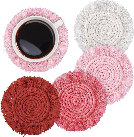 Whaline Boho Macrame Coasters Set of 4 Handmade Red Pink White Woven Coaster for Drinks Bohemian Cup Mat with Tassel for Kinds of Mugs and Cups Coffee Home Kitchen Office Wooden Table Decor