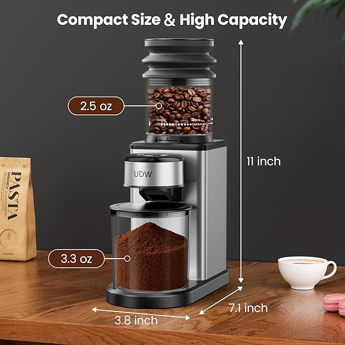 UDW Home Coffee Grinder, Conical Burr Grinder with 25 Settings, 60-Second Timer, Stainless Steel, Anti-Slip Base, Anti-Static, Easy to Clean