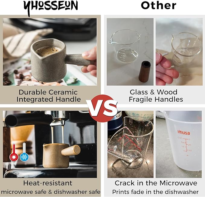 YHOJOY Espresso Measuring Cup, Ceramic Espresso Cup with Handle, Expresso Shots Cups Double Spouts Milk Cup, Espresso Accessories, 3 Oz/ 90 Ml, Brown