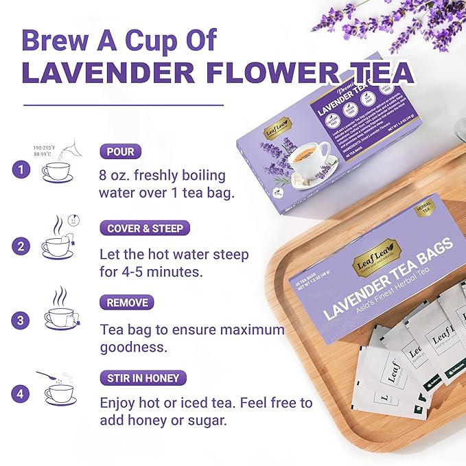 LeafLea 80 Premium Lavender Tea Bags, 100% Natural & Pure from Lavender Flowers, Nighttime Comfort & Digestive Support, Floral Aroma and Smooth Taste, Caffeine-Free, Sugar-Free, Individually Wrapped