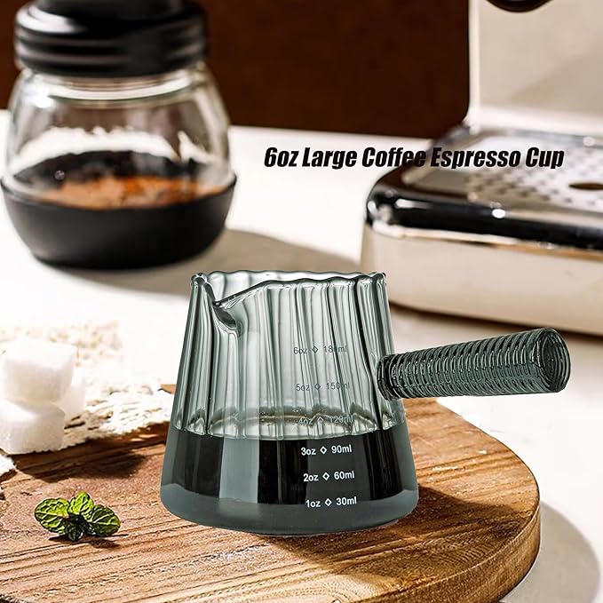 FANTESTICRYAN 6OZ Measuring Cup, Ribbed Borosilicate Glass Espresso Cup, V-Shaped Spout Drain Espresso Double Shots, Coffee Milk Tea Accessories (Dark Gray, Glass Handle)