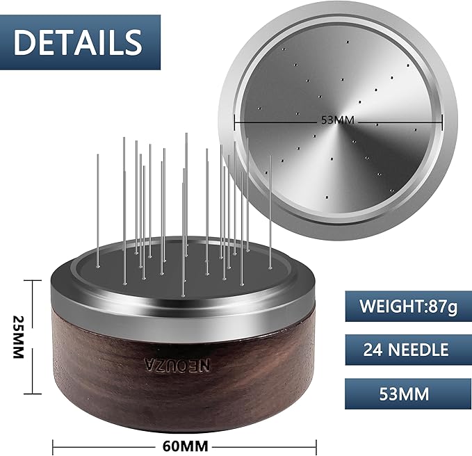 NEOUZA Palm WDT Tool Spinning Espresso Stirrer with Cover,24 Pins, 3 Length Trimmable, Distribution Leveler Accessories for Coffee Machine Portafilters (53mm)