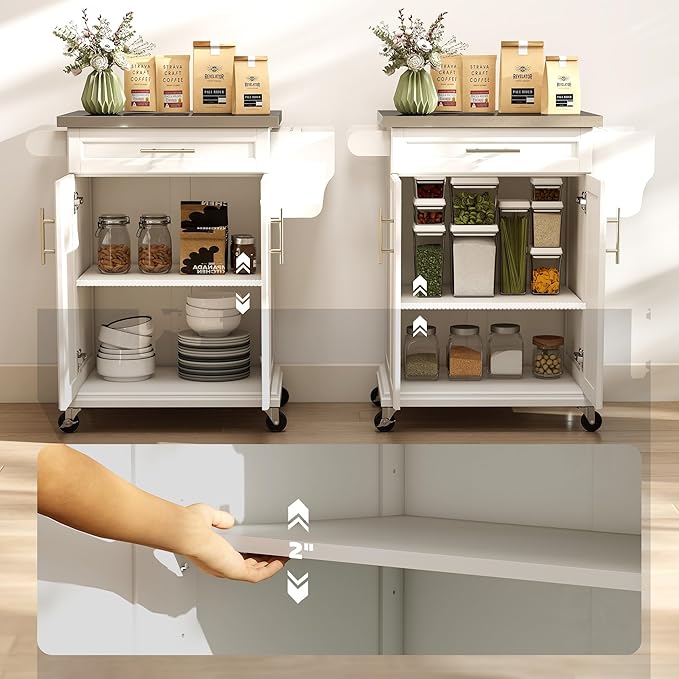 HOMCOM Kitchen Island on Wheels, Rolling Kitchen Cart with Stainless Steel Countertop, Drawer, Towel Rack and Spice Rack, Utility Storage Trolley, Cream White