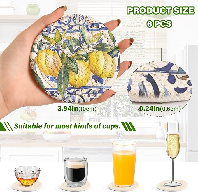 Cup Coasters for Drinks Lemon Olive Tree Italian Tile Coasters Set of 6, Absorbent Coaster with Holder Cotton Woven Coaster for Coffee Wooden Table Home Decor