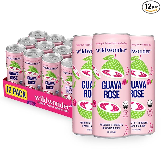 wildwonder Sparkling Probiotic Drink 12pk, for Gut Health & Immune Support, Guava Rose, 5 G Prebiotic Fiber, Live Probiotics, Organic, Vegan, Low Sugar, 12 Pack, 12 Oz Can, As Seen on Shark Tank