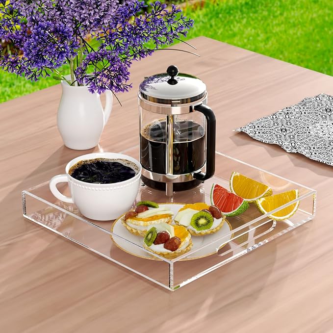 NIUBEE Clear Serving Tray 15x15 Inches - Spill-Proof Acrylic Organizer with Handles for Coffee Table, Ottoman & Countertop | Decorative Tray for Breakfast in Bed, Drink Serving & Home Organization