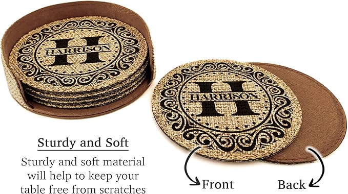 Smile Art Design Family Monogram Custom Coaster Set of 6 with Base Round Burlap Material Family Name Personalized Prints Personalized Gift House Warming Wedding Gift Coffee Table Rustic Decor Style5
