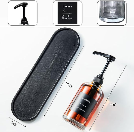 Coffee Syrup Dispenser for Coffee Bar, Glass Syrup Dispenser with 1/4oz Large Capacity Pump, Coffee Syrup Pump Dispenser Bottle for Coffee Station, Coffee Bar Organizer, Black with Tray,16.9oz
