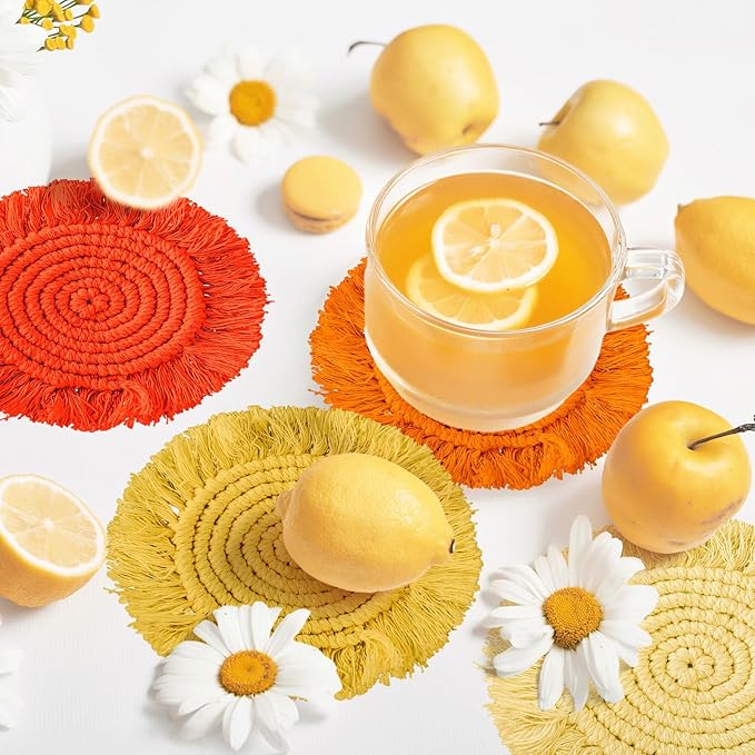 Whaline 4Pcs Boho Macrame Coasters Yellow Orange Handmade Woven Drink Coasters Farmhouse Rustic Cup Mat Pad for Home Kitchen Office Fall Party Table Decor