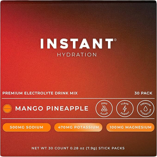 Instant Hydration Electrolytes Powder Packets - Mango Pineapple Drink Mix - Zero Sugar - Keto, Vegan, Gluten-Free, Non-GMO - Boost Recovery, Brain Health, Muscle & Tissue Support- 30 Sticks