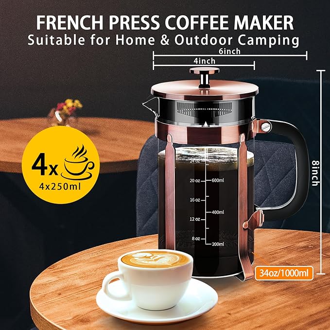 YMMIND French Press Coffee Maker 304 Stainless Steel Coffee Press,with 4 Filters System, Heat Resistant Thickness Borosilicate French Press Glass, BPA-Free Brewed Tea Pot Coffee Plunger(Copper 12oz)