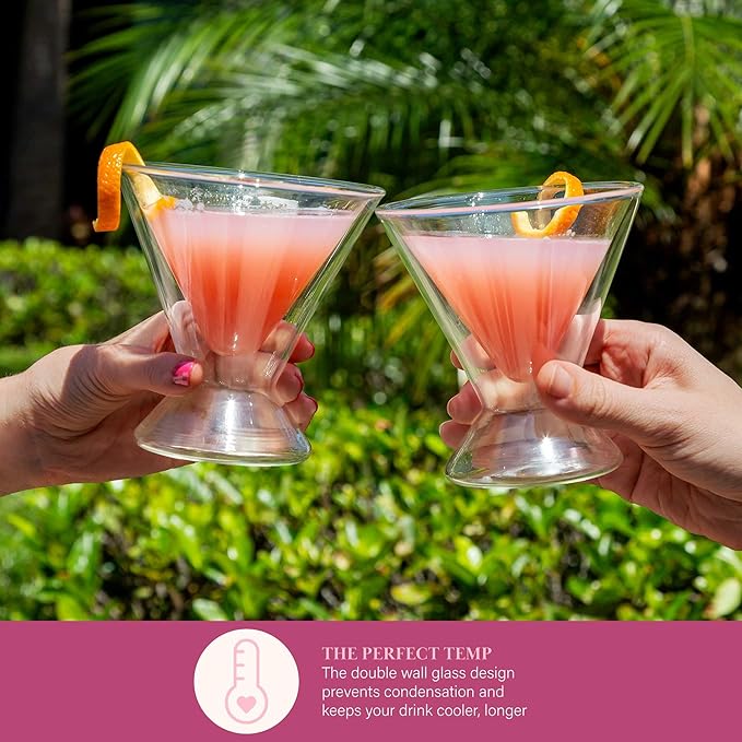 Paris Hilton 2-Piece Martini Glass Set, Double Wall Glass Design, Great for Martinis, Cocktails, Cosmopolitans, Margaritas, 7-Ounce, Clear