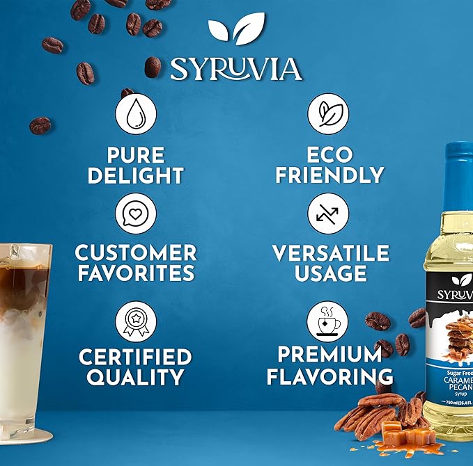 Syruvia Sugar Free Coffee Syrup, Caramel Pecan Flavored Syrup for Drinks, Lattes, and Desserts – 25.4 fl oz, With Pump