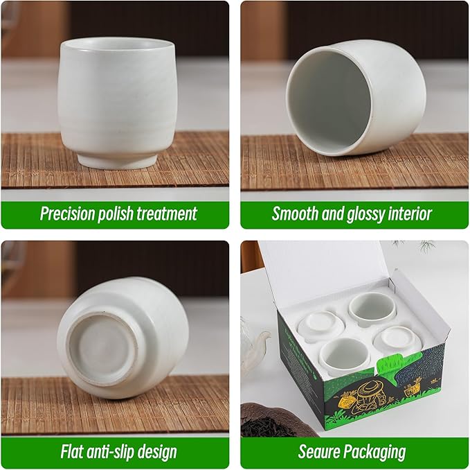 TEANAGOO Japanese Tea Cups, Chinese Tea Cup, 7.2Oz / 205 Ml, Ceramic Tea Cups for Adults, Ceramic Cups no Handles, Japanese Cups, Asian Matcha Cup, Ivory White, 4 Pcs/Box, H7