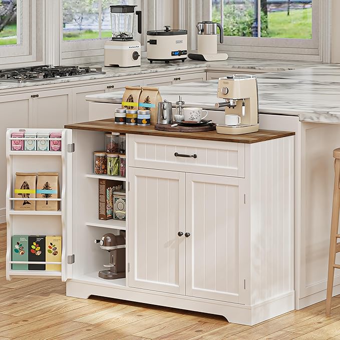 Gizoon Kitchen Coffee Bar Cabinet with Storage Kitchen Sideboard Buffet Cabinet with Drawers, Short Pantry with Door and Shelves for Bathroom and Living Room, White and Rustic