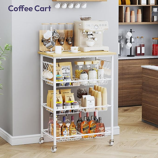 SWTYMIKI Rolling Kitchen Storage Cart - 4 Tier Microwave Table Stand with 6 Storage Baskets, Coffee Bar with Wheels, Kitchen Utility Cart Shelf Rack Organizer for Fruit, Vegetables, Potato (White)