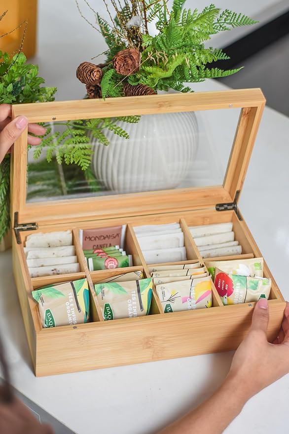 Acacia Wood and Bamboo Tea Bag Organizer - 4 & 8 Compartment Tea Box for Countertop - Tea Station & Coffee Bar Accessories - Fits Large & Craft Tea Bags (Wood, 8 Compartment)