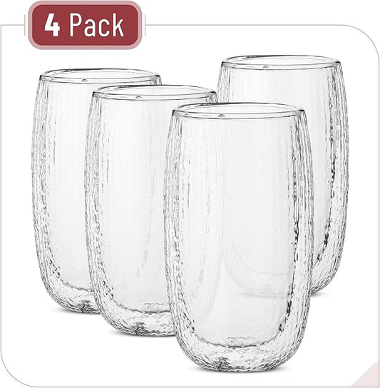 BTaT- Double Walled Glasses, 4 Pack, 12 oz (350 ml), Insulated Dotted Glass Cups, Double Wall Drinking Glasses for Iced Tea, Juices, Water, Cocktails, Hot and Cold Beverages