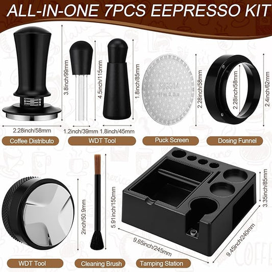 7pcs Espresso Accessories Kit 51/58/53mm Tamping Station Machine Accessories Spring Loaded Calibrated Tamper Wdt Espresso Tool and Dosing Funnel Set Distributor and Tamper Leveler(58mm)