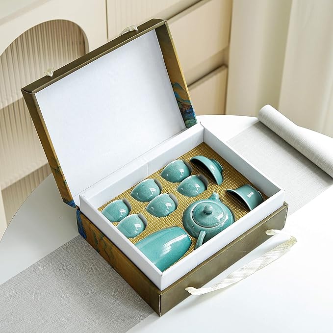 Chinese Tea Set, 10-Piece Ceramic Set with Teapot and Cups, Gongfu Tea Set,Tea Gift Sets,Outdoor and Office (Ge Kiln Green)