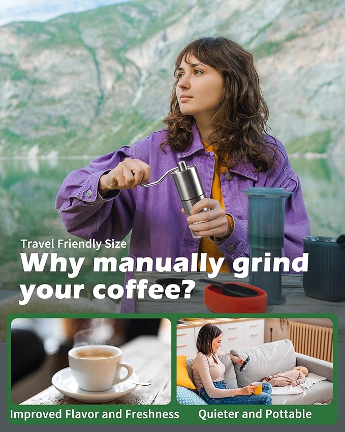 Stainless steel Burr Manual Coffee Grinder for Drip,French Press,5 Adjustable Settings,Hand Coffee Grinder,For Home Use and Camping,Coffee Bean Grinders With Hand Crank (Stainless steel Burr-Slivery)