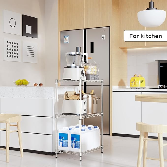 M MZG 3 Tiers Shelf Metal Storage Shelves Wire Rack Closet Organizers with Wheel for Garage Kitchen Bathroom Laundry Chrome 11.8" D x 17.7" W x 28.8" H