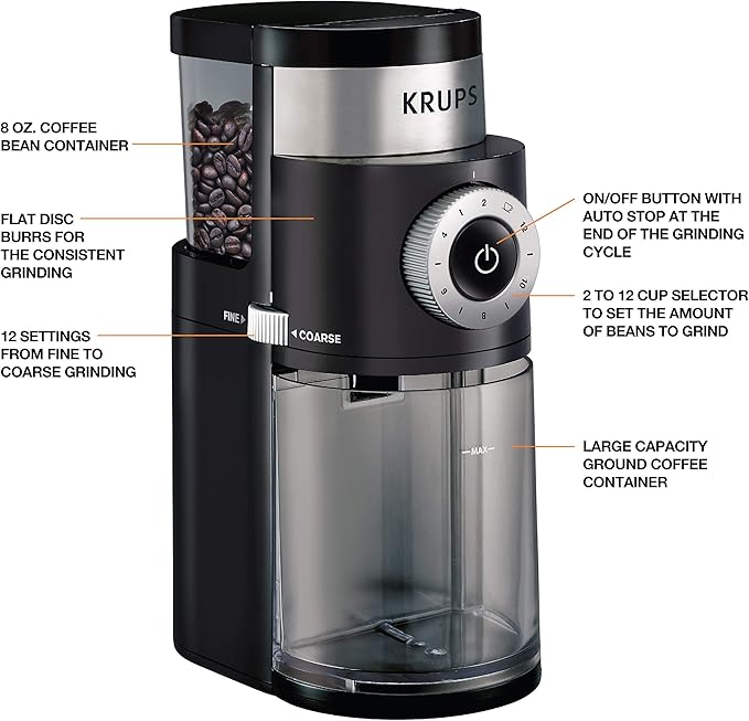 KRUPS Precision Burr Coffee Grinder: 12 Settings, 8 oz Capacity for Drip, French Press, Espresso, Pour Over, Cold Brew - Stainless Steel, 110W, Auto-Stop, Easy Clean - Coffee Grinders for Home Use