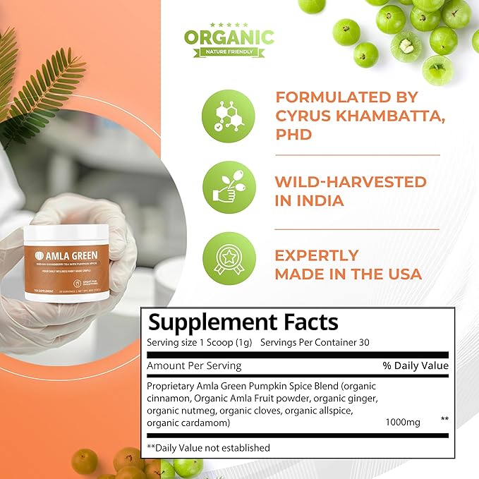 Amla Powder Superfood Supplement with Pumpkin Spice, 20x Ultra Concentrated Amla, Made with Cinnamon, Ginger, Nutmeg, Cloves, Allspice, Cardamom, Indian Gooseberries, Pumpkin Spice, 30 Servings