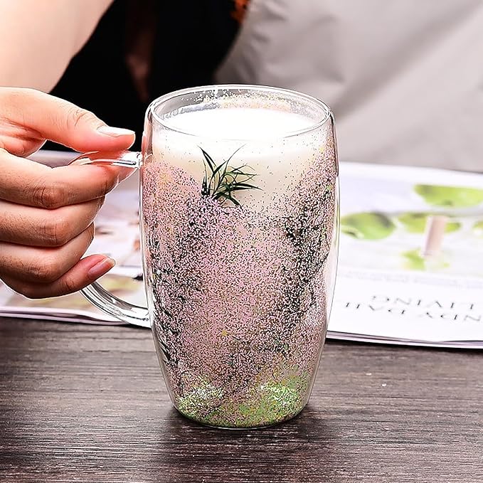 Creative Flowers Double Wall Clear Glass Coffee Mug with Handle, Aesthetic Dried Flowers Coffee Mug, Clear Double Insulated Glass Cup for Hot and Cold Beverages, Cappuccino, (B)