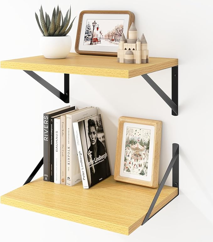 Deep Floating Shelves Wall Mounted, 16"x12" Oak Wall Shelves with Brackets Set of 2 for Bedroom, Living Room, Bathroom, Kitchen, Office - Storage & Display Shelf for Decor, Books, Plants