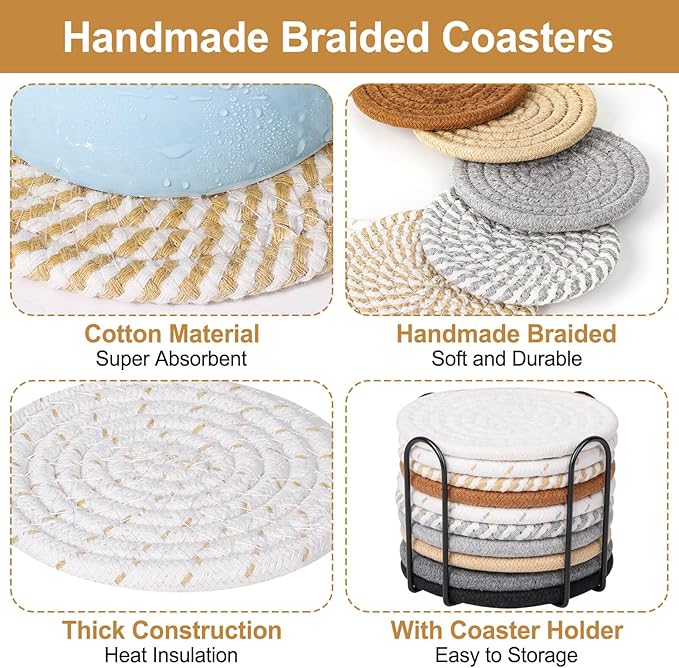 Billbotk 10 Pieces Coasters for Drinks, 10 Colors Absorbent Drink Coasters with Holder, Table Coaster Set for Home Decor, Apartment Decor Aesthetic, Living Room Essentials, 4.3 Inches