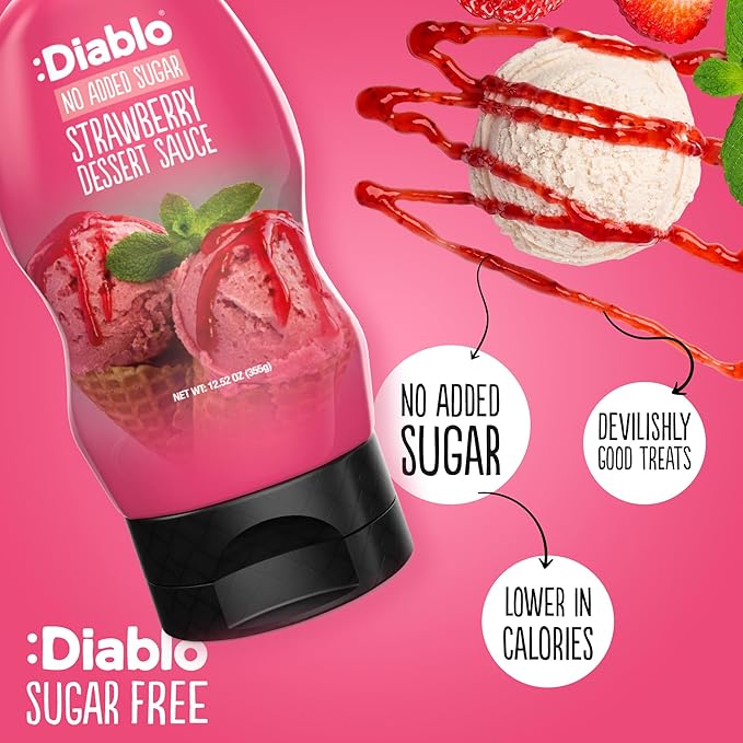 Diablo Strawberry Dessert Sauce | No Added Sugar | Gluten Free | Diabetic Friendly | Hamper Available - Perfect for Gifting | 355g 12.52oz