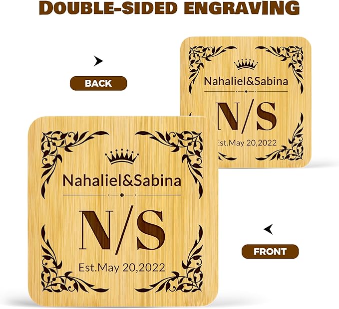 Custom Coasters, Bamboo Coasters Set of 6, 3.7in Laser Engraved Personalized Coaster with Holder, Custom Coffee Bar Accessories Cup Coaster for Home Decor Housewarming Customized Gifts (Square)