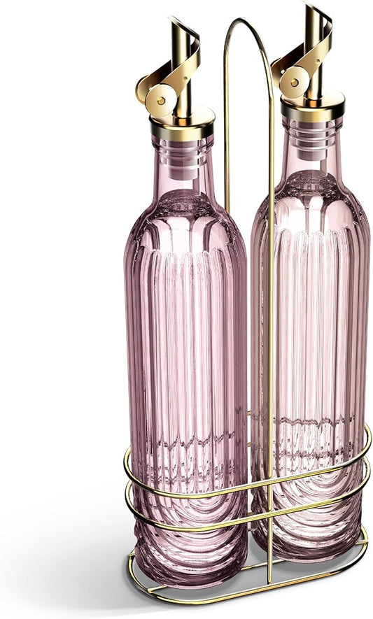COOK WITH COLOR Glass Olive Oil Bottle Dispenser - 2 Pack- 17oz Oil and Vinegar Cruet - Olive Oil Carafe Decanter for Kitchen, Elegant Fluted, Pink
